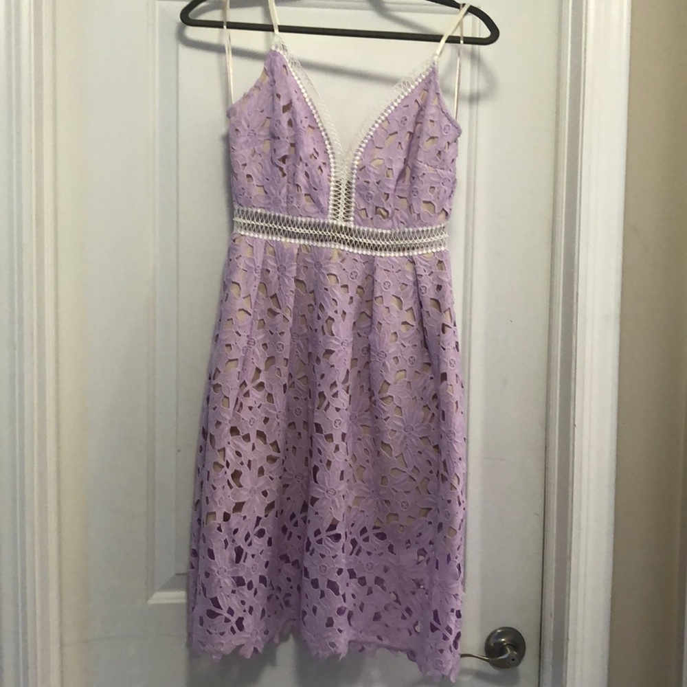 Purple lace with white trim detail dress